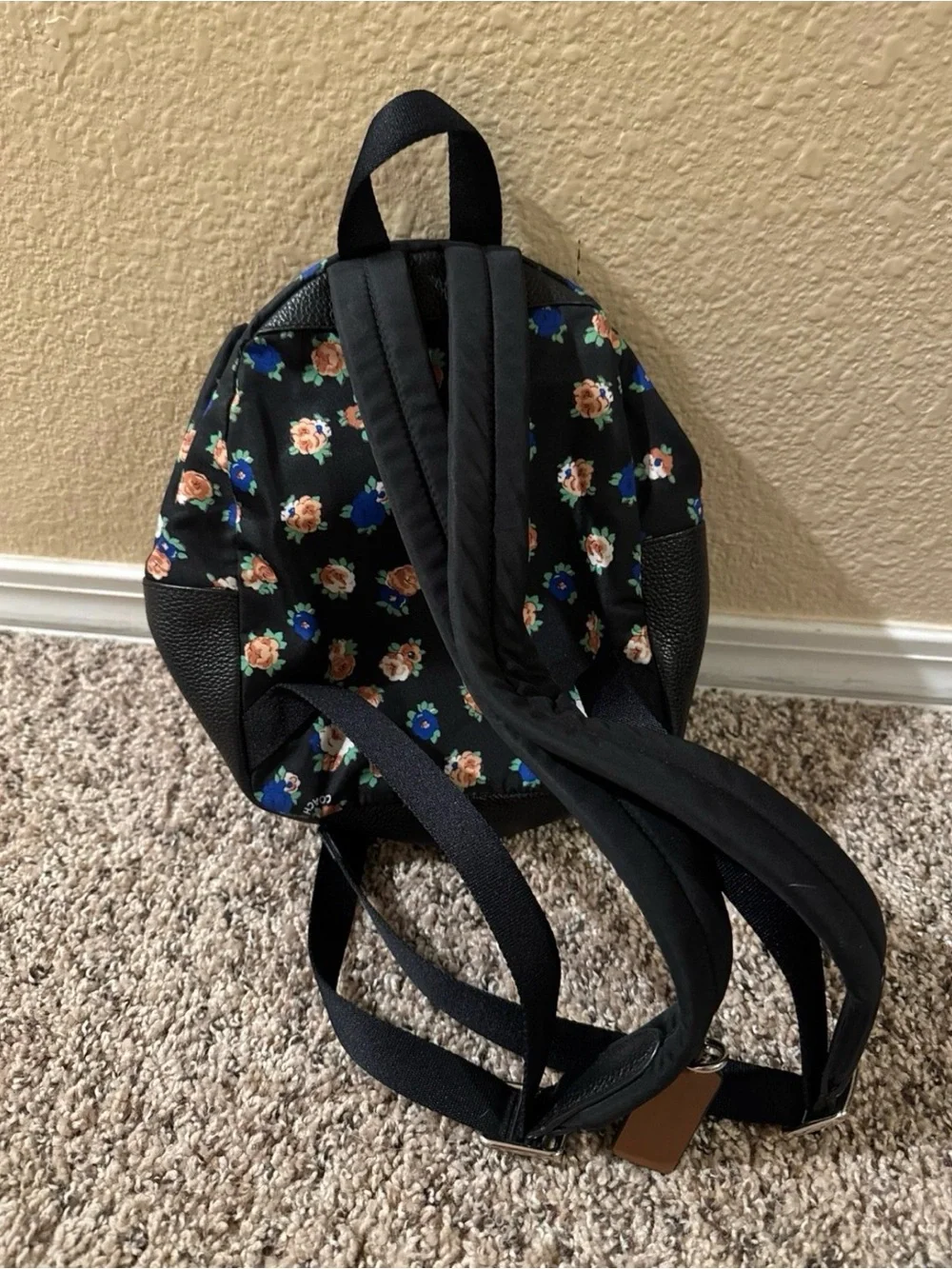 Coach Black Floral Mini Backpack with Wolf Patch Accent